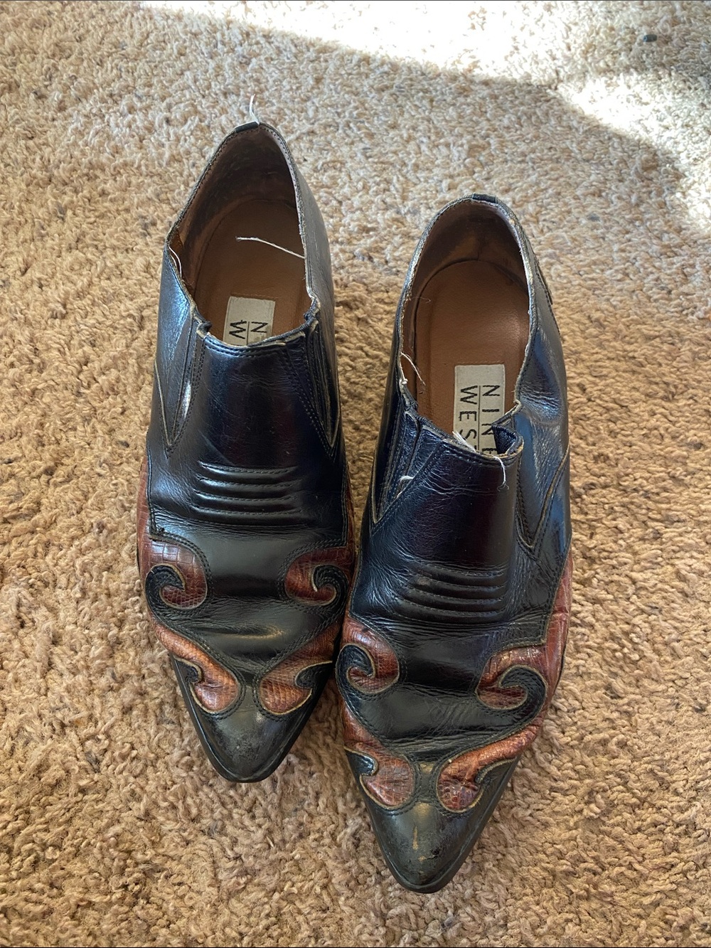 Nine West Black and Brown Leather Pointed Toe Ankle Booties